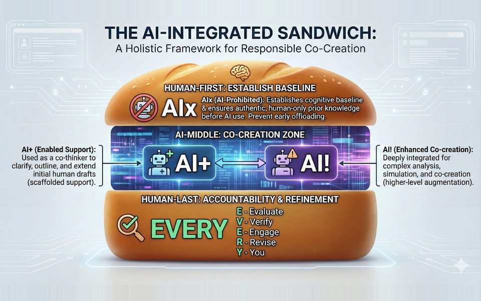 The AI-Integrated Sandwich framework graphic: Human-First on top, AI co-creation in the middle, Human-Last accountability on the bottom