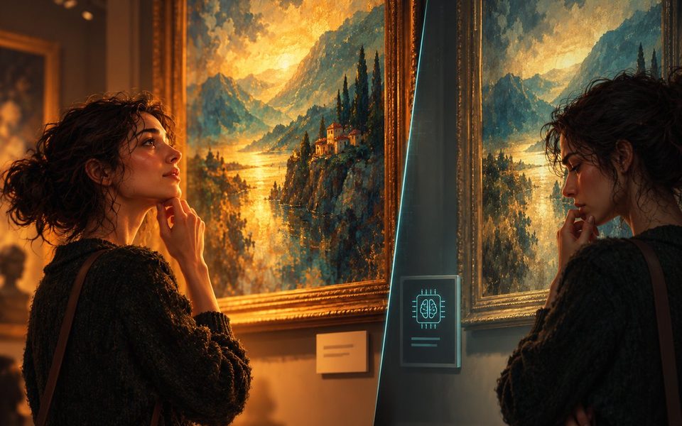 A woman in an art gallery studies a painting beside a small label with an AI symbol