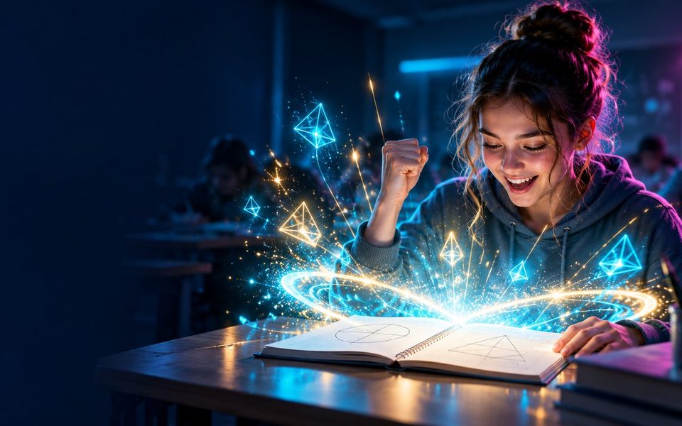A student at a desk celebrates as glowing shapes burst from an open notebook