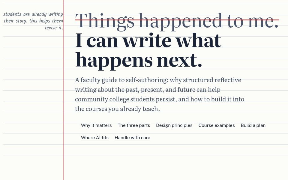 Opening of the Self-Authoring faculty guide on notebook paper: Things happened to me, crossed out, then I can write what happens next